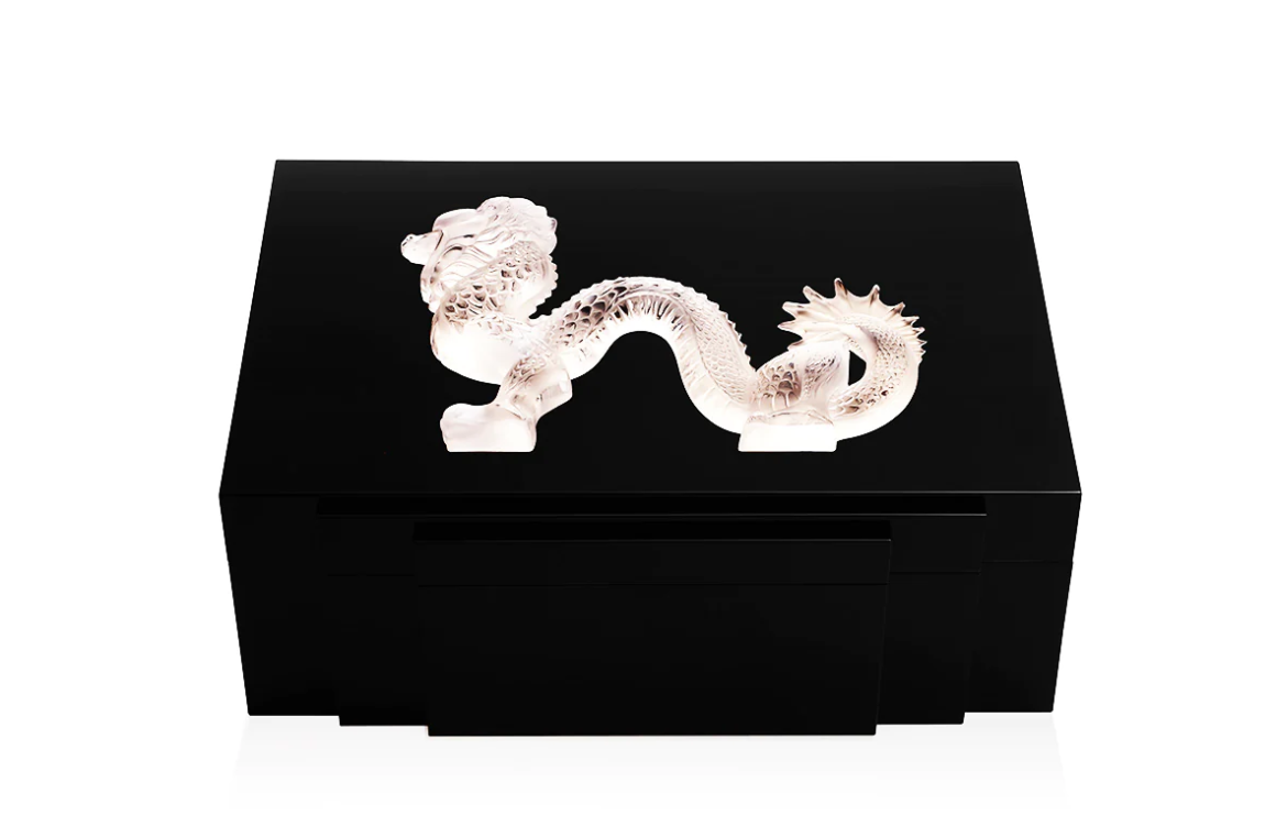 Dragon Cigars Box Large Clear Crystal Black Lacquered Lalique
