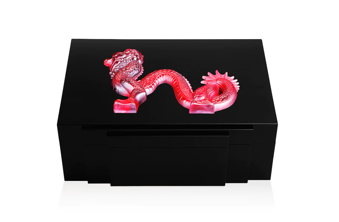 Dragon Cigars Box Large Red Crystal Black Lacquered Lalique