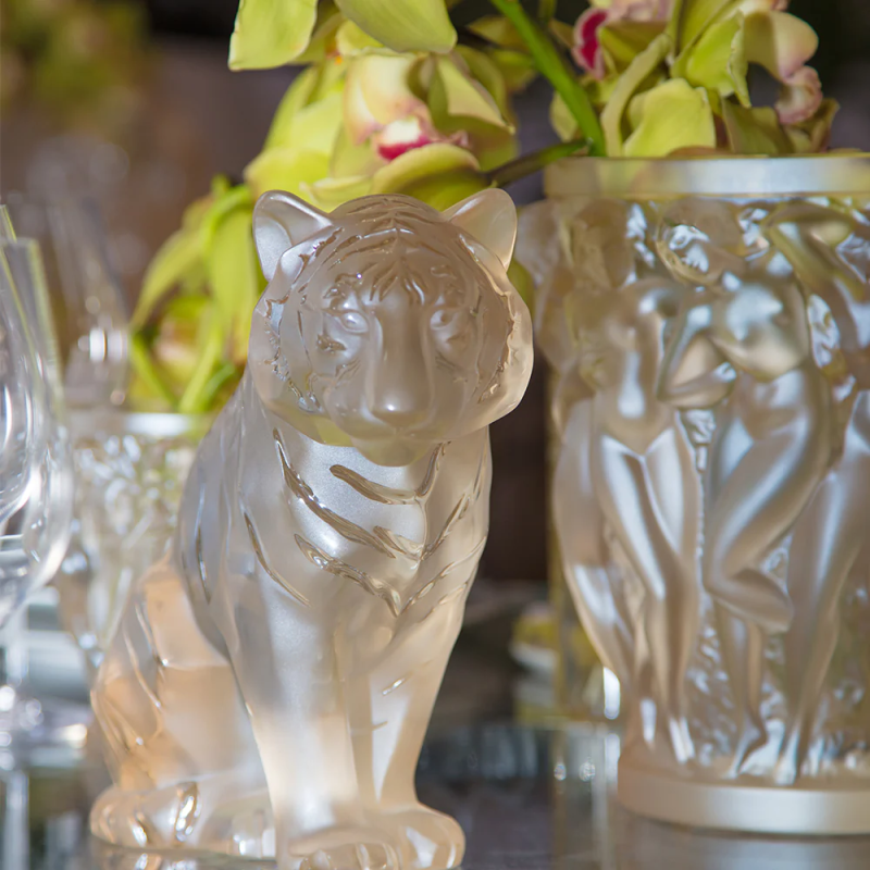 Sitting Tiger Large Sculpture Gold Luster Lalique