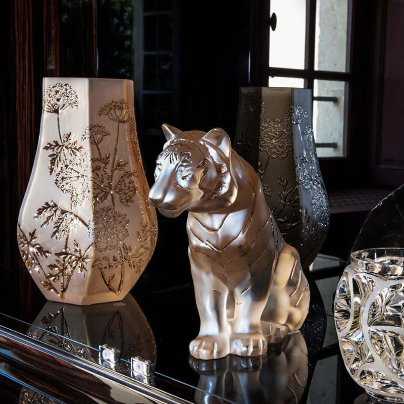 Sitting Tiger Large Sculpture Gold Luster Lalique
