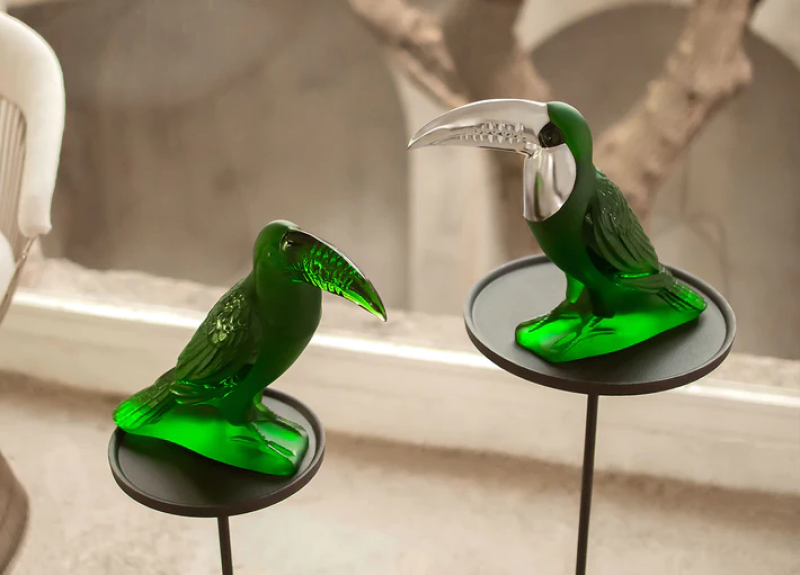 Toucan Sculpture Amazon Green Crystal Platinum Stamped Lalique