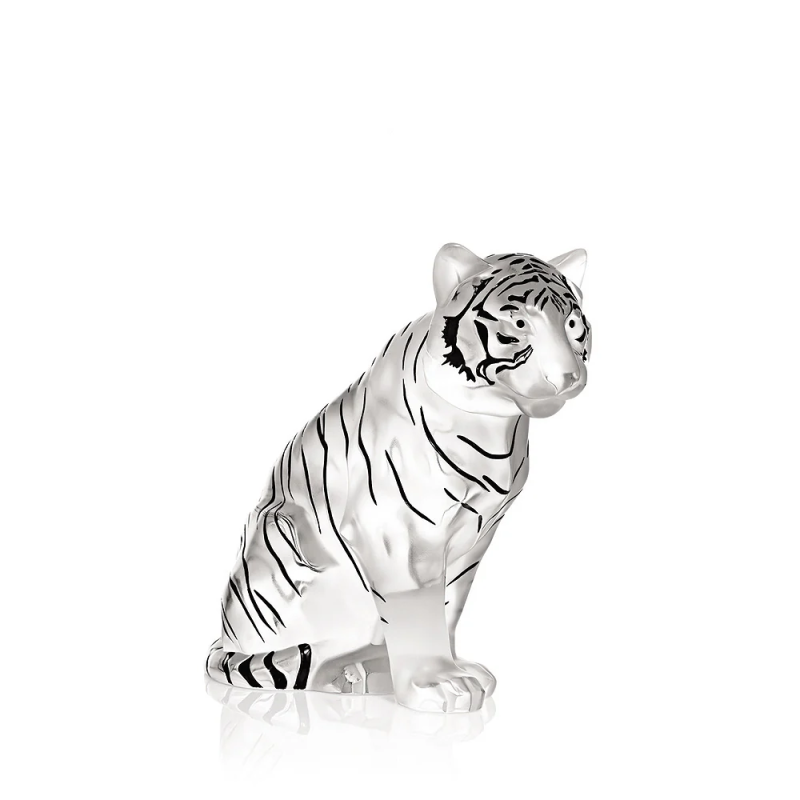Sitting Tiger Large Sculpture Clear Black Enamelled Luster Lalique