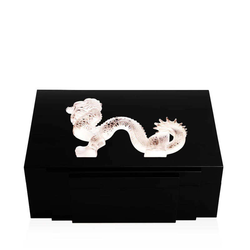 Dragon Cigars Box Large Clear Crystal Black Lacquered Lalique