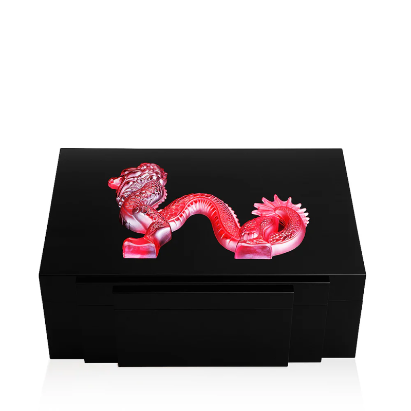 Dragon Cigars Box Large Red Crystal Black Lacquered Lalique